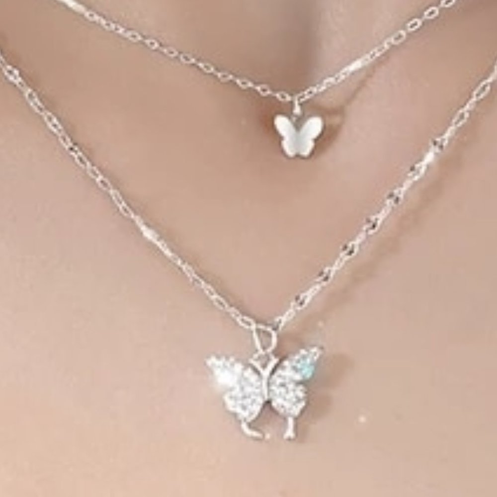 925 Sterling Silver Shiny Butterfly Tassel Necklace Double Pendant 18 in